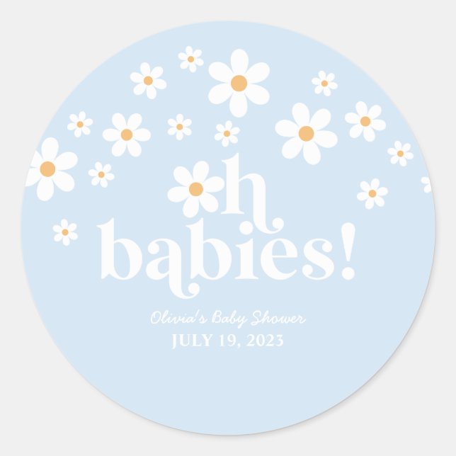 Oh Babies! Retro Daisy blue boho Baby Shower Classic Round Sticker (Front)