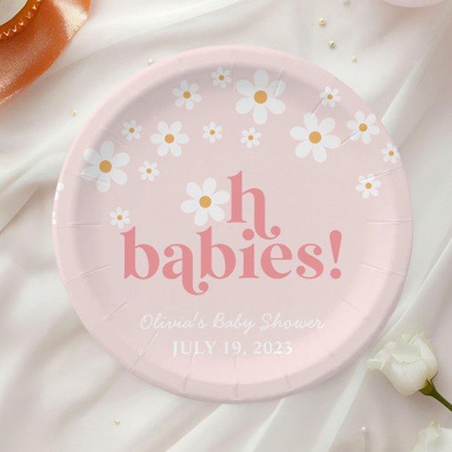 oh babies Retro Daisy Pink boho Baby Shower Paper Plate (Creator Uploaded)
