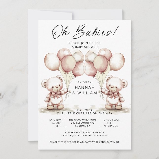 Oh Babies Twins Cute Watercolor Bears Baby Shower Invitation (Front)