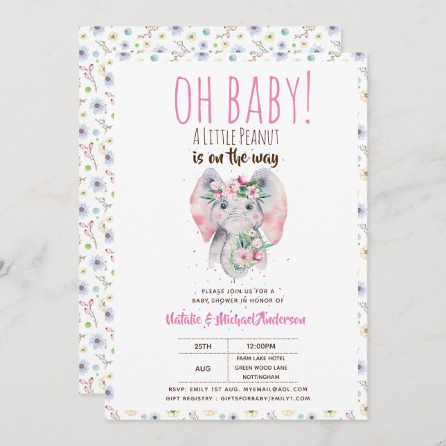 Oh Baby A Little Peanut Boho Elephant Boho Flowers Invitation (Front/Back)
