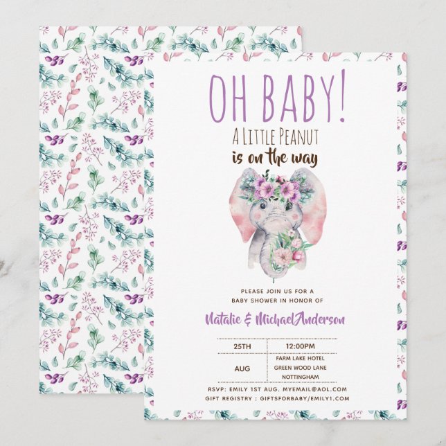 Oh Baby A Little Peanut Elephant Boho Floral Chic Invitation (Front/Back)