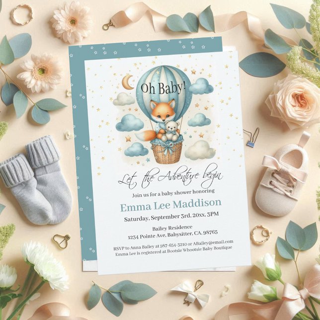 Oh Baby Adventure Begins Fox in Hot Air Balloon Invitation (Creator Uploaded)