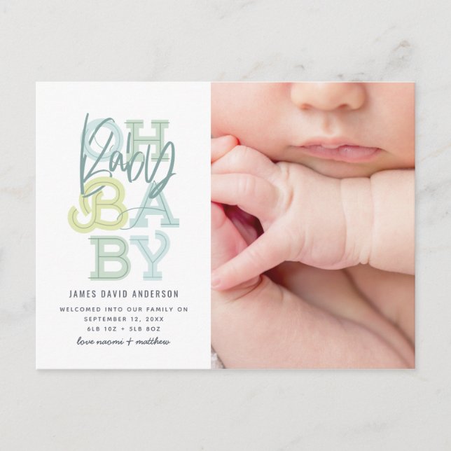 Oh baby baby modern photo birth announcement postcard (Front)
