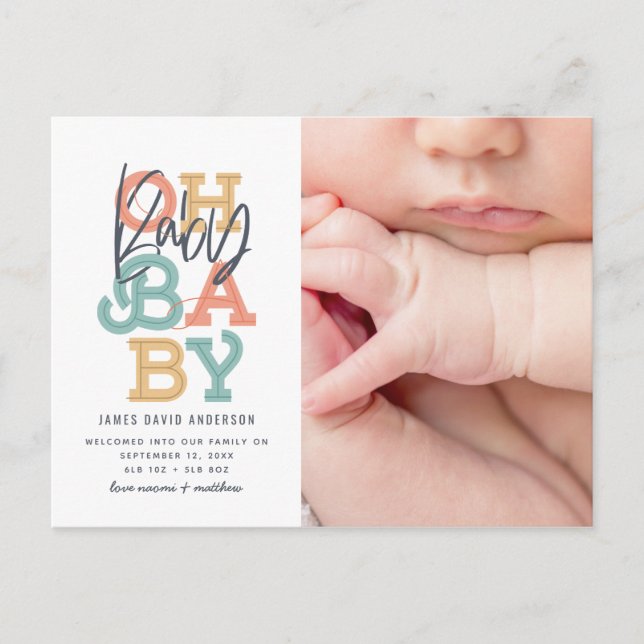 Oh baby baby modern photo birth announcement postcard (Front)