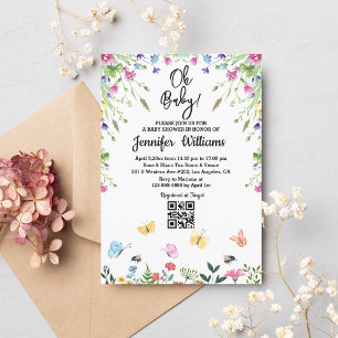 oh baby,baby shower qr code floral wildflowers  invitation