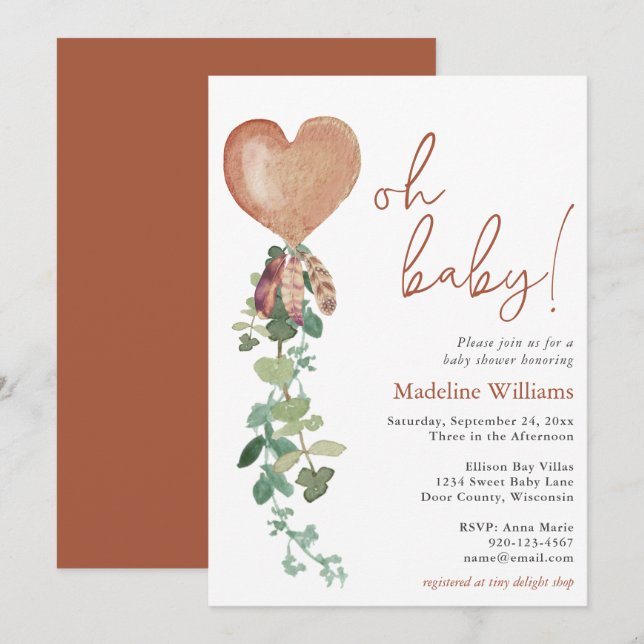 Oh Baby Balloon Eucalyptus Terracotta Baby Shower Invitation (Front/Back)
