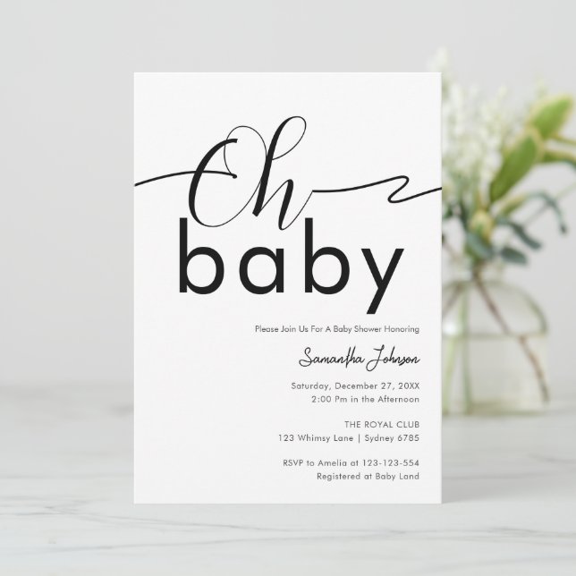 Oh Baby Black and White Trendy Simple Minimalist Invitation (Standing Front)