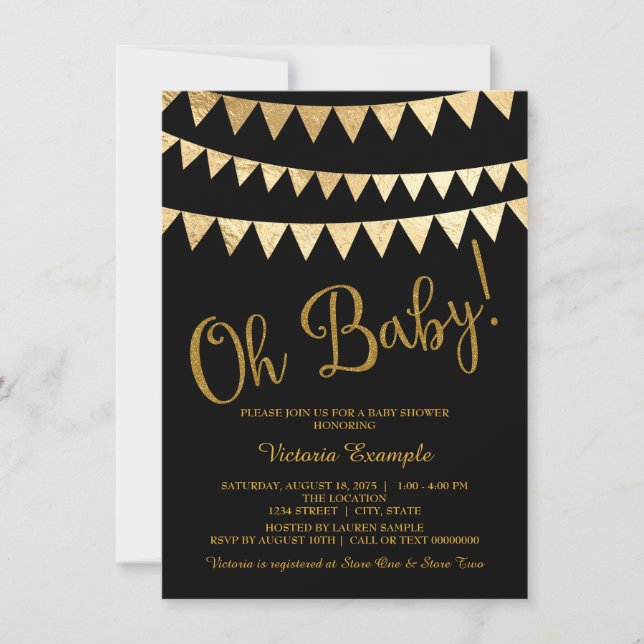 Oh Baby Black Gold Gender Neutral Baby Shower Invitation (Front)