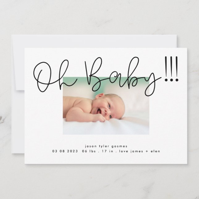 Oh Baby black on white modern Funky Fun Baby Announcement (Front)