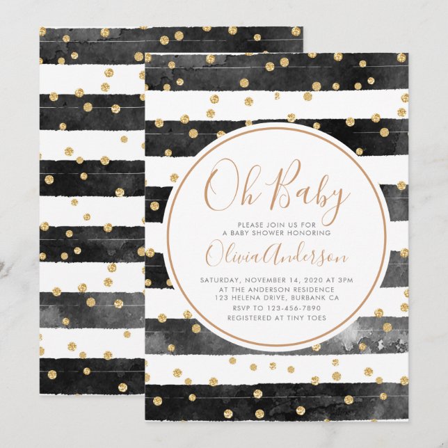 Oh Baby Black Stripe Glitter Baby Shower Invitation (Front/Back)
