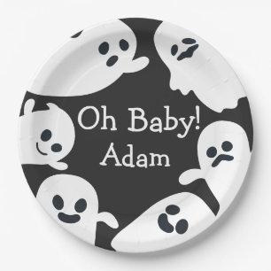 Oh Baby! Black & White Halloween Fall Baby Shower Paper Plate