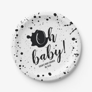 Oh Baby Black + White Splatter Unisex Baby Shower Paper Plate