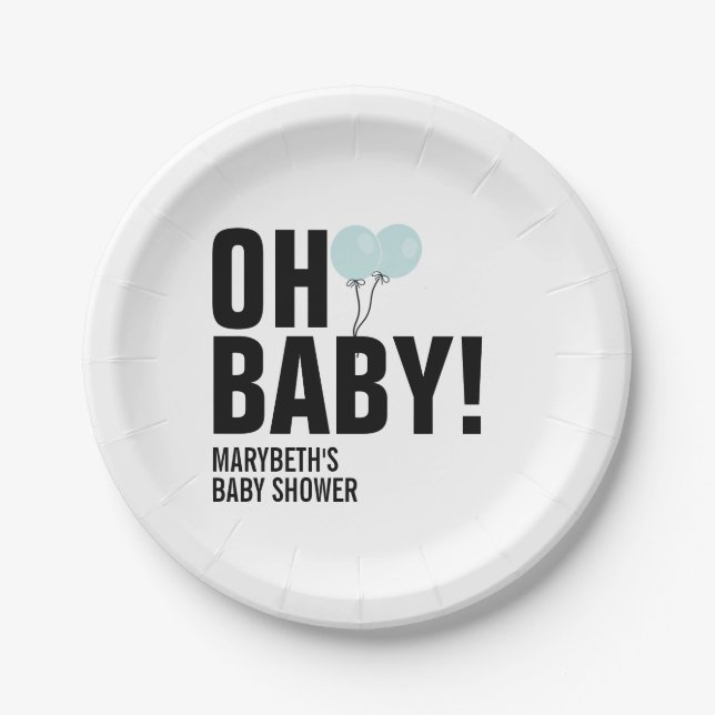 Oh Baby Blue Balloon Baby Shower Paper Plate (Front)