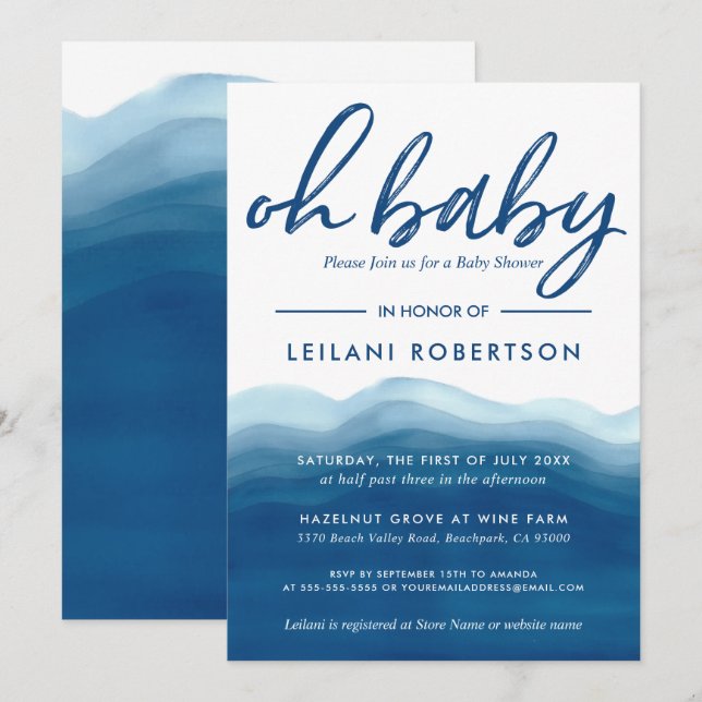 Oh Baby Blue Boy Baby Shower Watercolor Wave  Invitation (Front/Back)