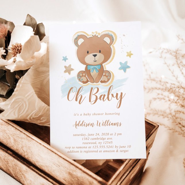 Oh Baby Blue Boy Teddy Bear Baby Shower Invitation (Creator Uploaded)