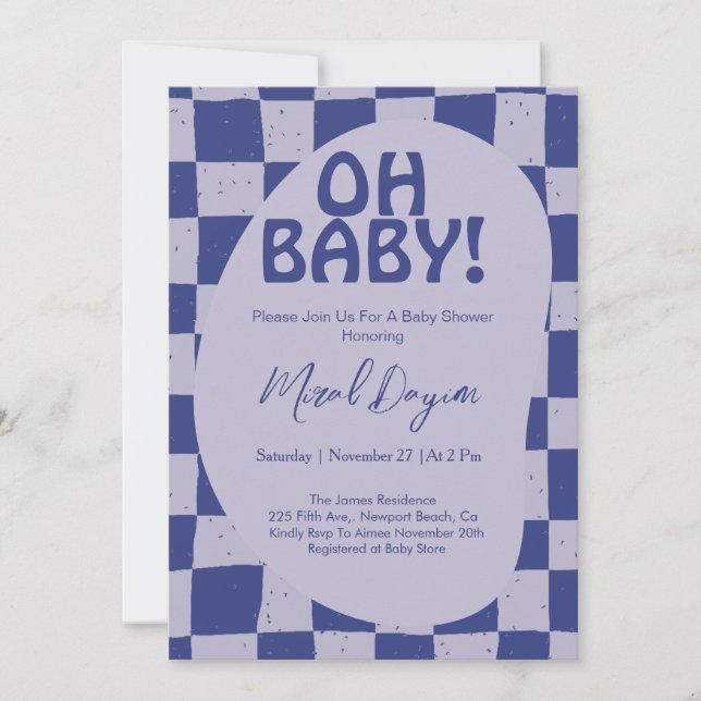 Oh Baby! Blue Checkered Modern Baby Shower Invitation (Front)