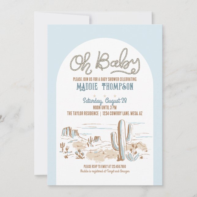 Oh Baby Blue Cowboy Desert Baby shower Invitation (Devant)