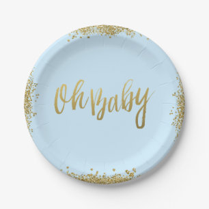 Oh Baby Blue Faux Gold Glitter Baby Shower Paper Plate