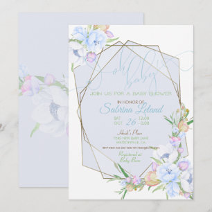 Oh Baby Blue Floral Baby Shower Crystal Frame Invitation