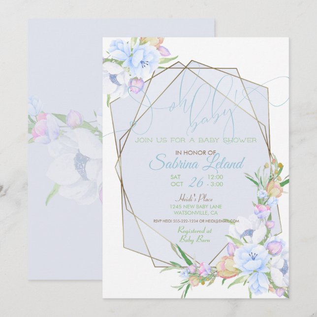 Oh Baby Blue Floral Baby Shower Crystal Frame Invitation (Front/Back)