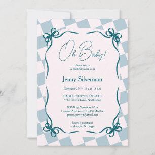 Oh Baby Blue Gingham Bows Baby Shower Invitation