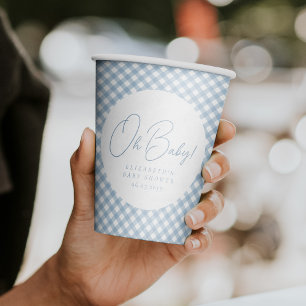 Oh baby blue gingham personalized baby shower paper cups