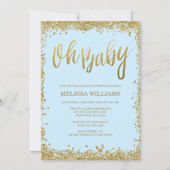 Oh Baby Blue Gold Glitter Baby Shower Invitation (Front)