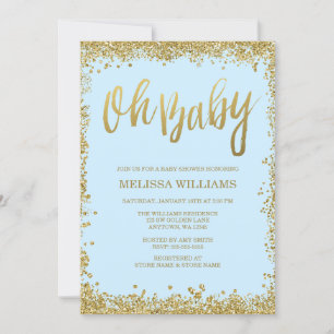 Oh Baby Blue Gold Glitter Baby Shower Invitation