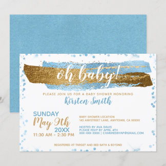 Oh Baby Blue Gold Simple Elegant Boy Baby Shower Invitation