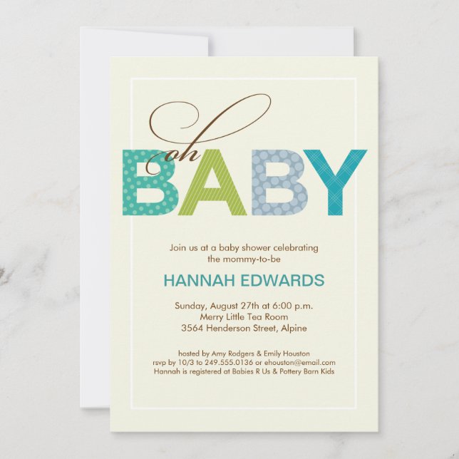 Oh Baby Blue Green Type Baby Shower Invitation (Front)