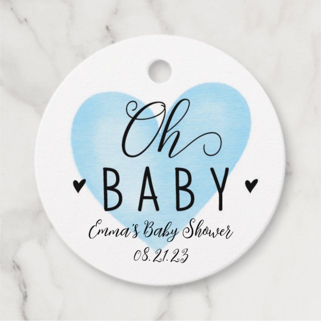 Oh Baby Blue Heart Baby Shower Tag (Front)