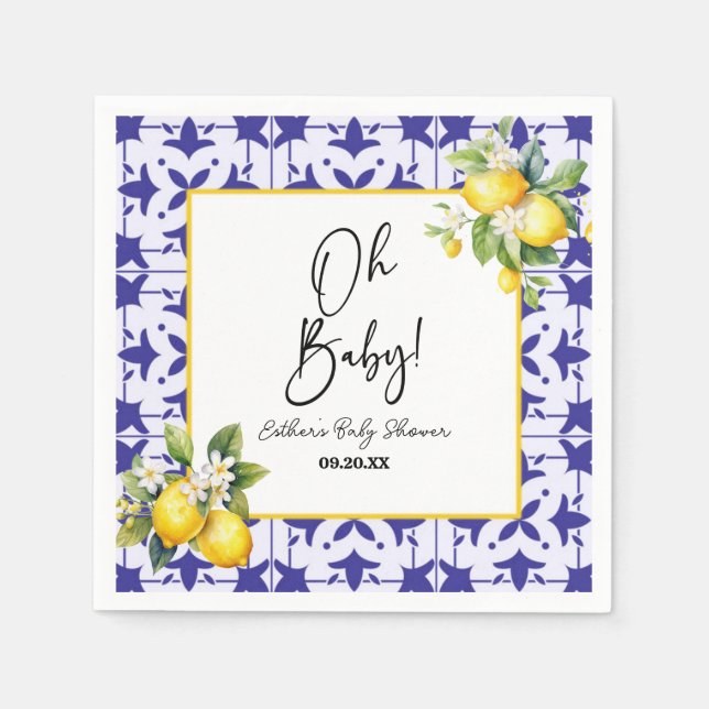 Oh Baby! Blue Mediterranean Tile Lemon Baby Shower Napkin (Front)