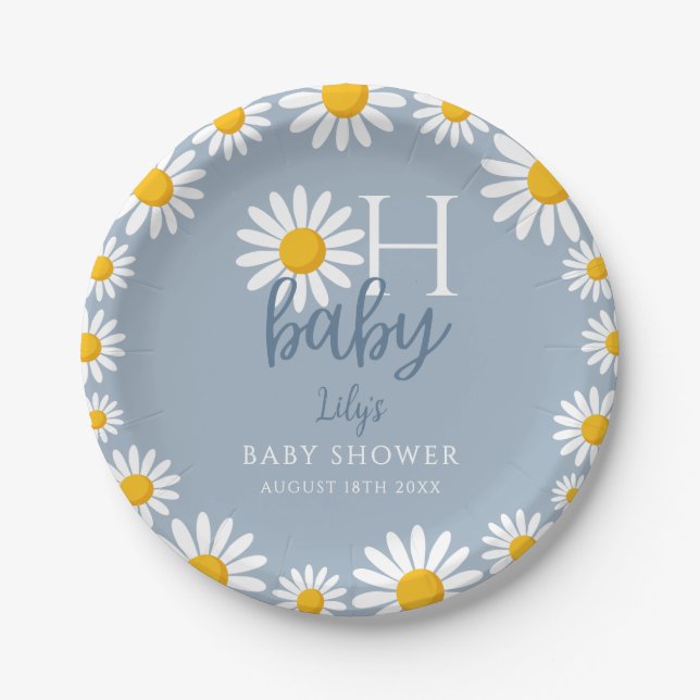 Oh Baby Blue Modern Daisy Baby Shower Paper Plate (Front)