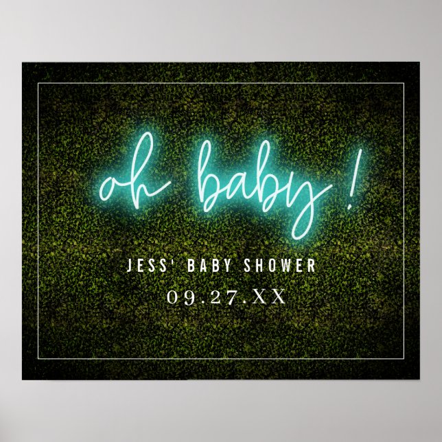 Oh Baby Blue Neon Boxwood Baby Shower Poster (Front)