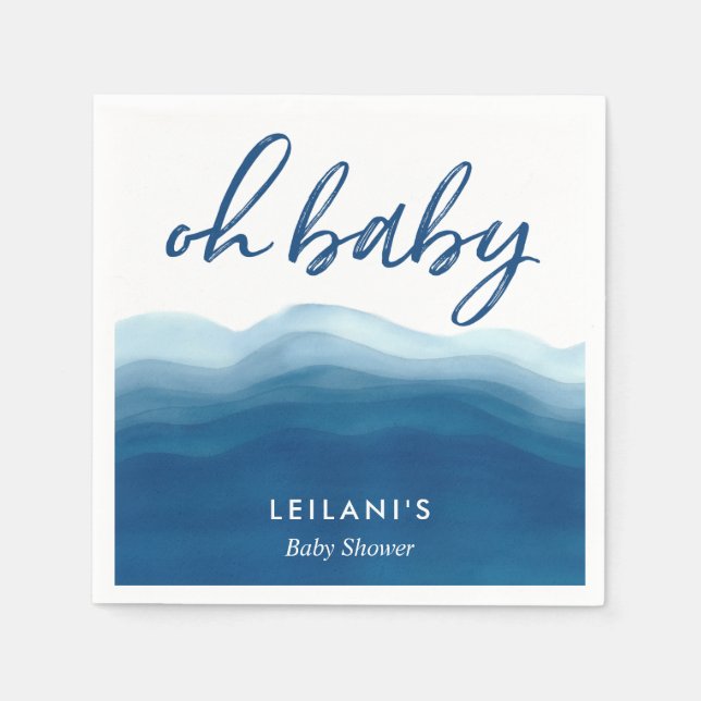 Oh Baby Blue Ombre Watercolor Wave Baby Shower Napkin (Front)