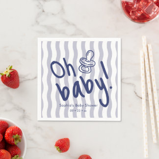 Oh Baby Blue Wavy Stripes Baby Shower Napkin