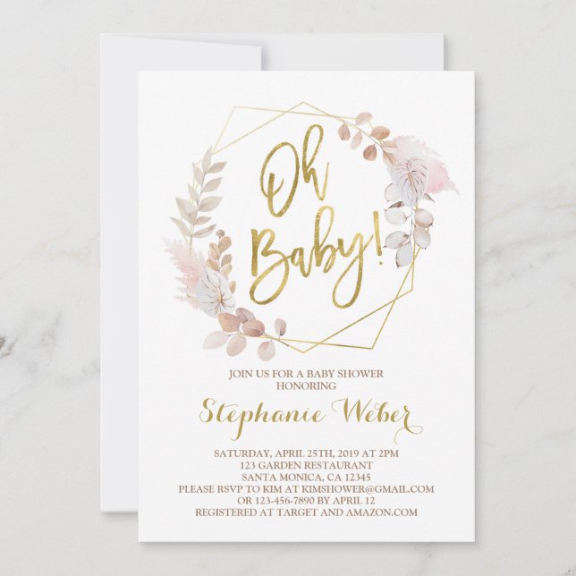 Oh Baby blush and gold baby shower Invitation (Front)