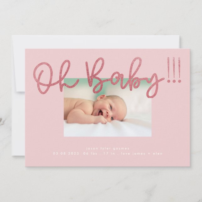 Oh Baby Blush Pink Foil modern Funky Fun Baby Announcement (Front)