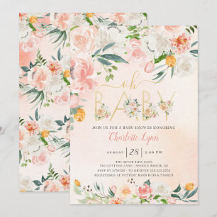Oh Baby Blush Pink Gold Floral Baby Shower Invitation