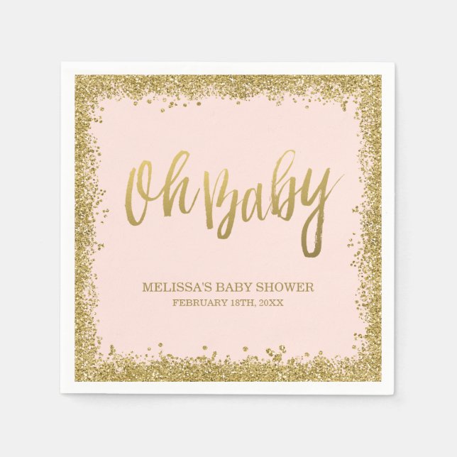 Oh Baby Blush Pink Gold Glitter Baby Shower Napkin (Front)