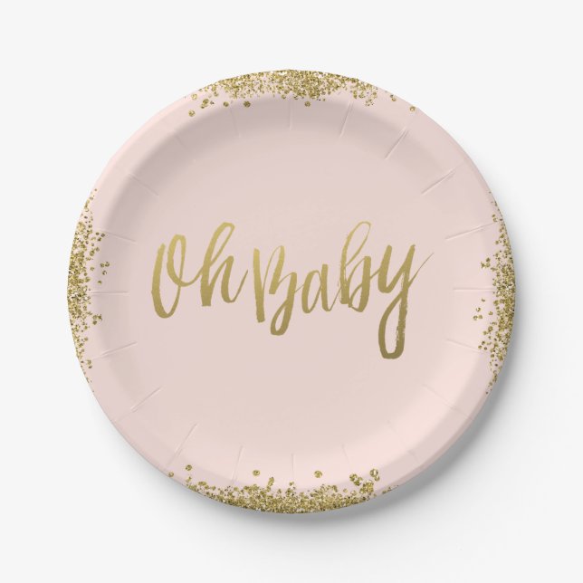 Oh Baby Blush Pink Gold Glitter Baby Shower Paper Plate (Front)