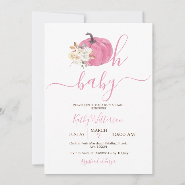 Oh Baby Blush Pink Pumpkin Floral Baby Shower Invitation (Front)