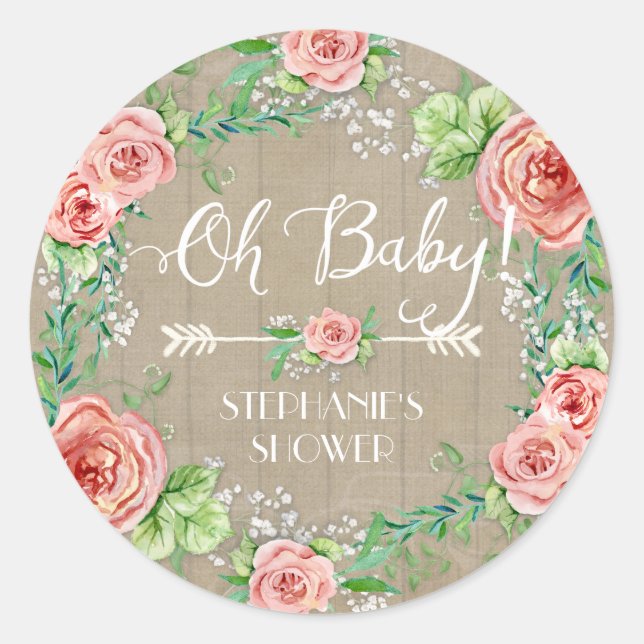 Oh Baby BOHO Bohemian Floral Babys Breath Rustic Classic Round Sticker (Front)