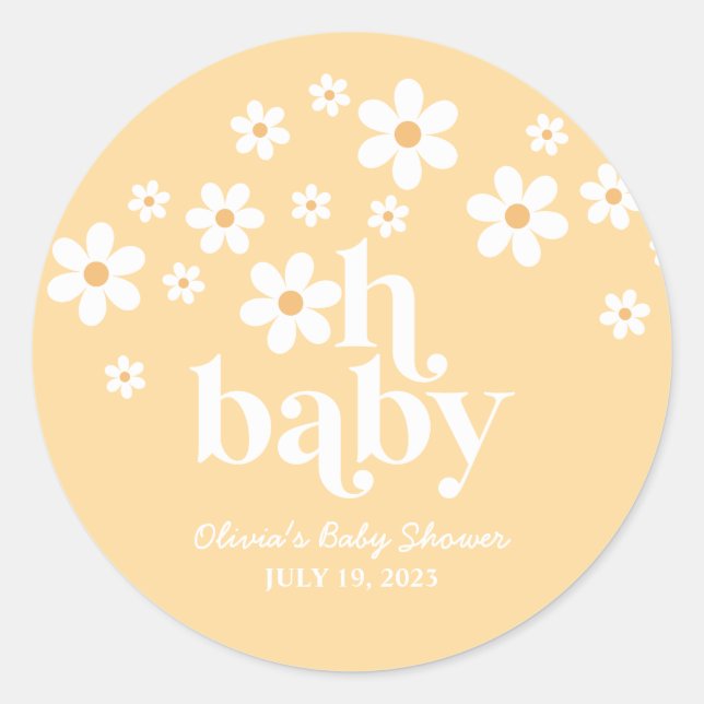 Oh Baby! boho Daisy baby shower yellow Classic Round Sticker (Front)
