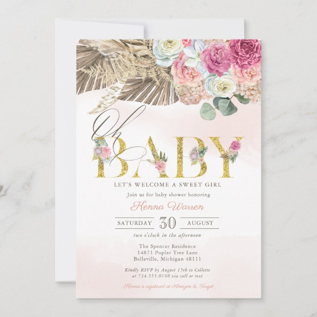 OH BABY Boho Floral Pampas & Palm Girl Shower  Inv Invitation (Front)