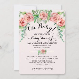 Oh Baby BOHO Shower Girl Pink Rose Floral Script Invitation