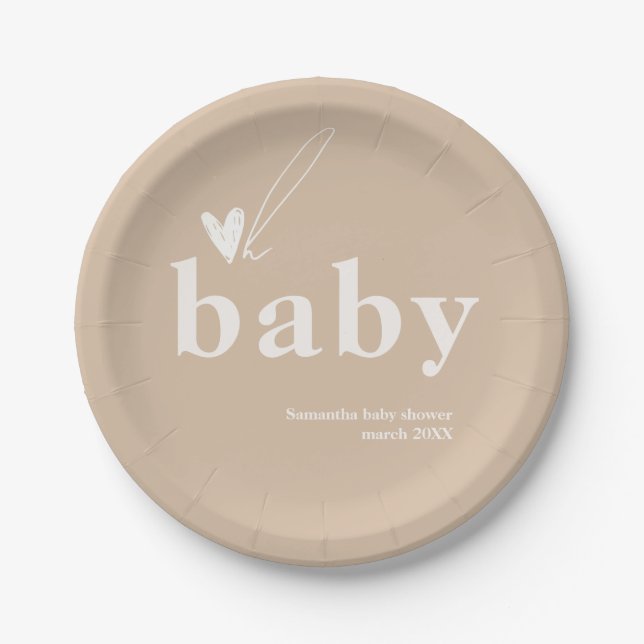 Oh Baby Boho Simple Heart Baby Shower  Paper Plate (Front)