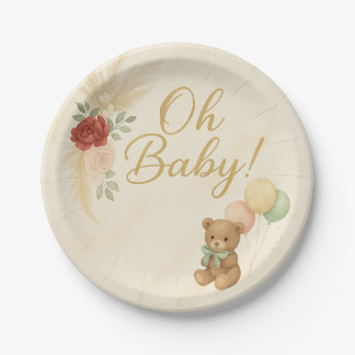Oh Baby Boho Teddy Bear Baby Shower Round Plate