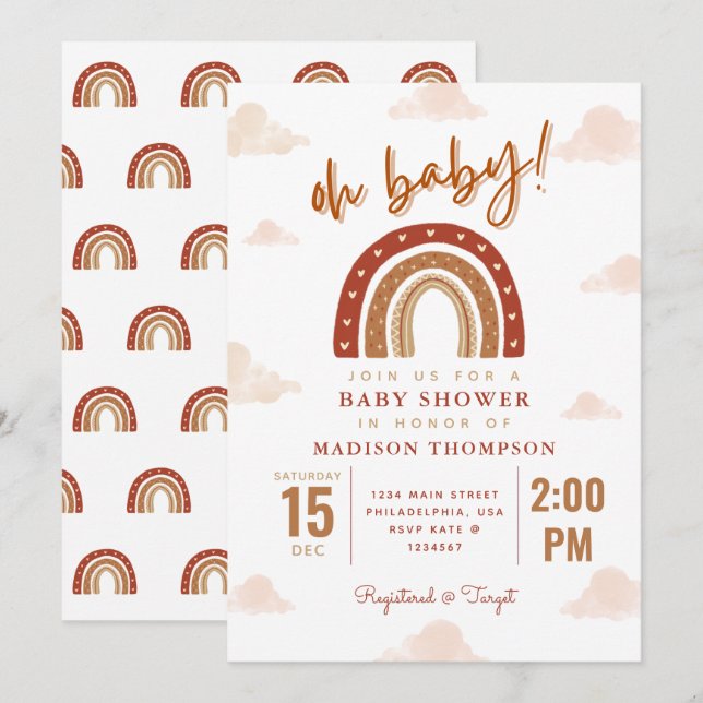 Oh Baby Boho Terracotta Rainbow Clouds Baby Shower Invitation (Front/Back)
