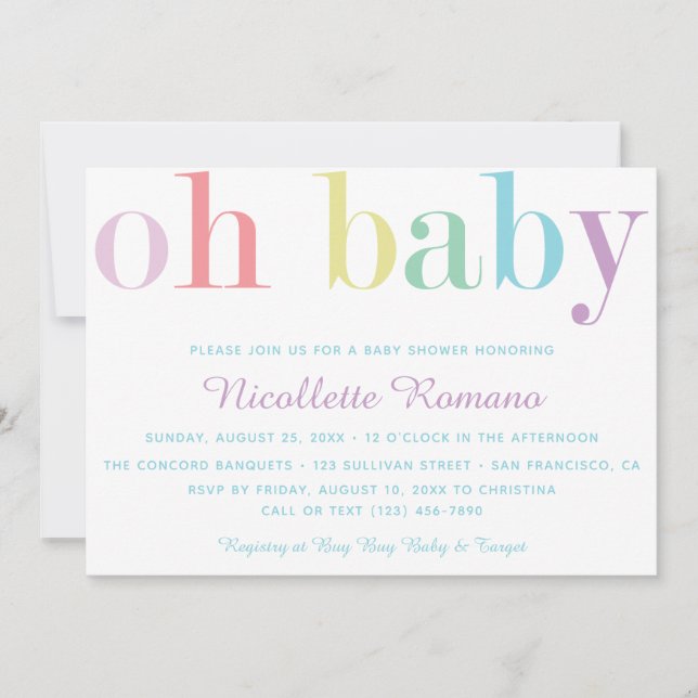 Oh Baby Bold Pastel Invitation Baby shower Rainbow (Devant)